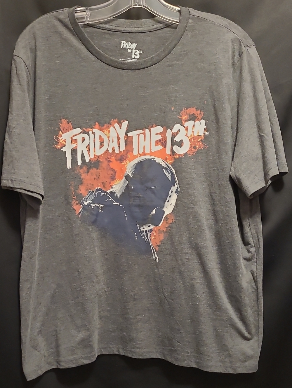 MAD Engine Gray Friday the 13th Horror Graphic Tee with Orange and Blue Print